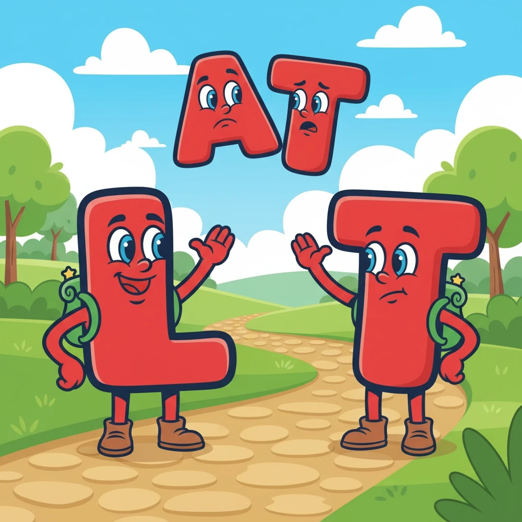 On the path, A met the letter 'T'. 'Hello!' said A. 'Hello!' said T. 'Let's be friends!' They tried to make a word, but it just sounded like 'A-T'.