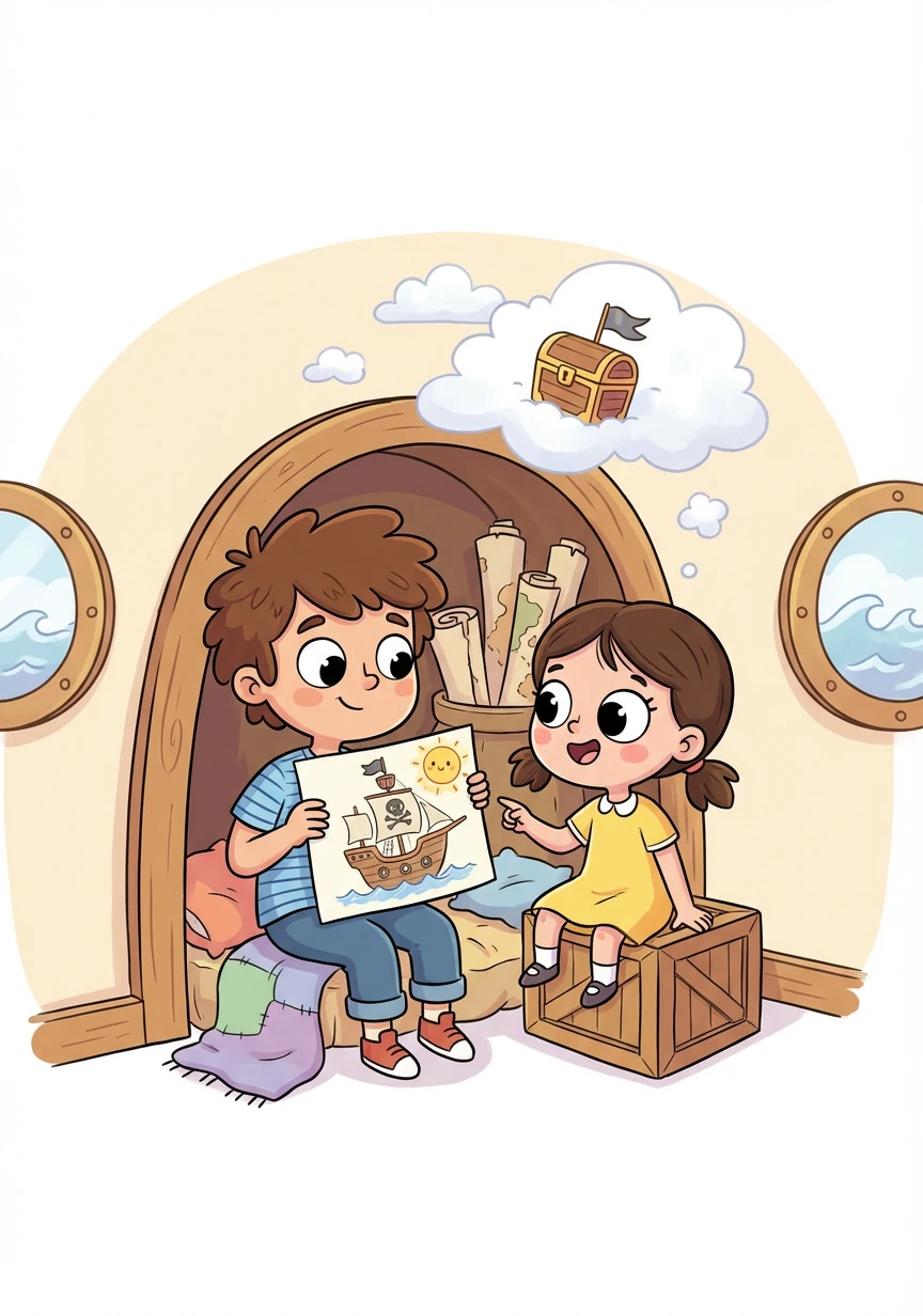 Jack shows Lucy his drawings, and they imagine adventures together. They explore the ship, discovering hidden corners and sharing stories.