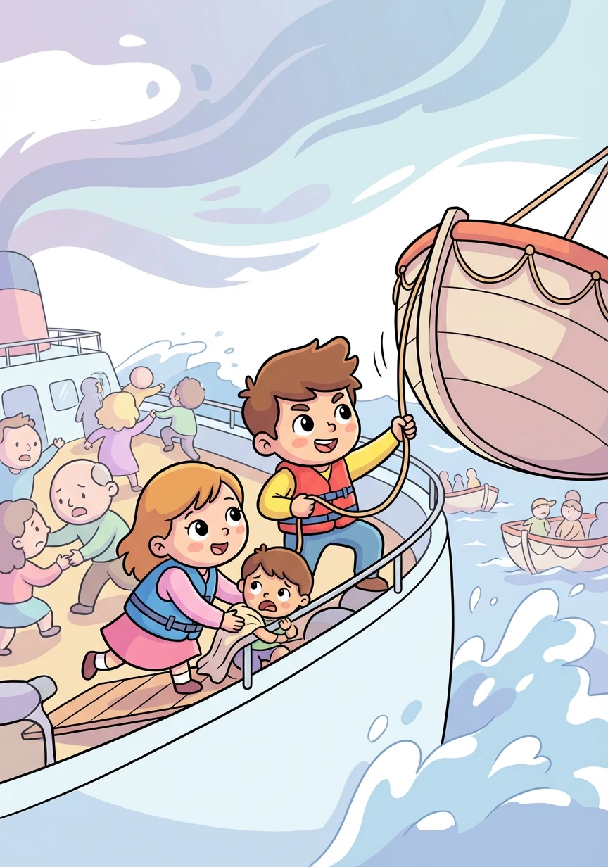Jack and Lucy bravely navigate the chaos, helping others find their way to the lifeboats. They show courage and compassion in the face of danger.