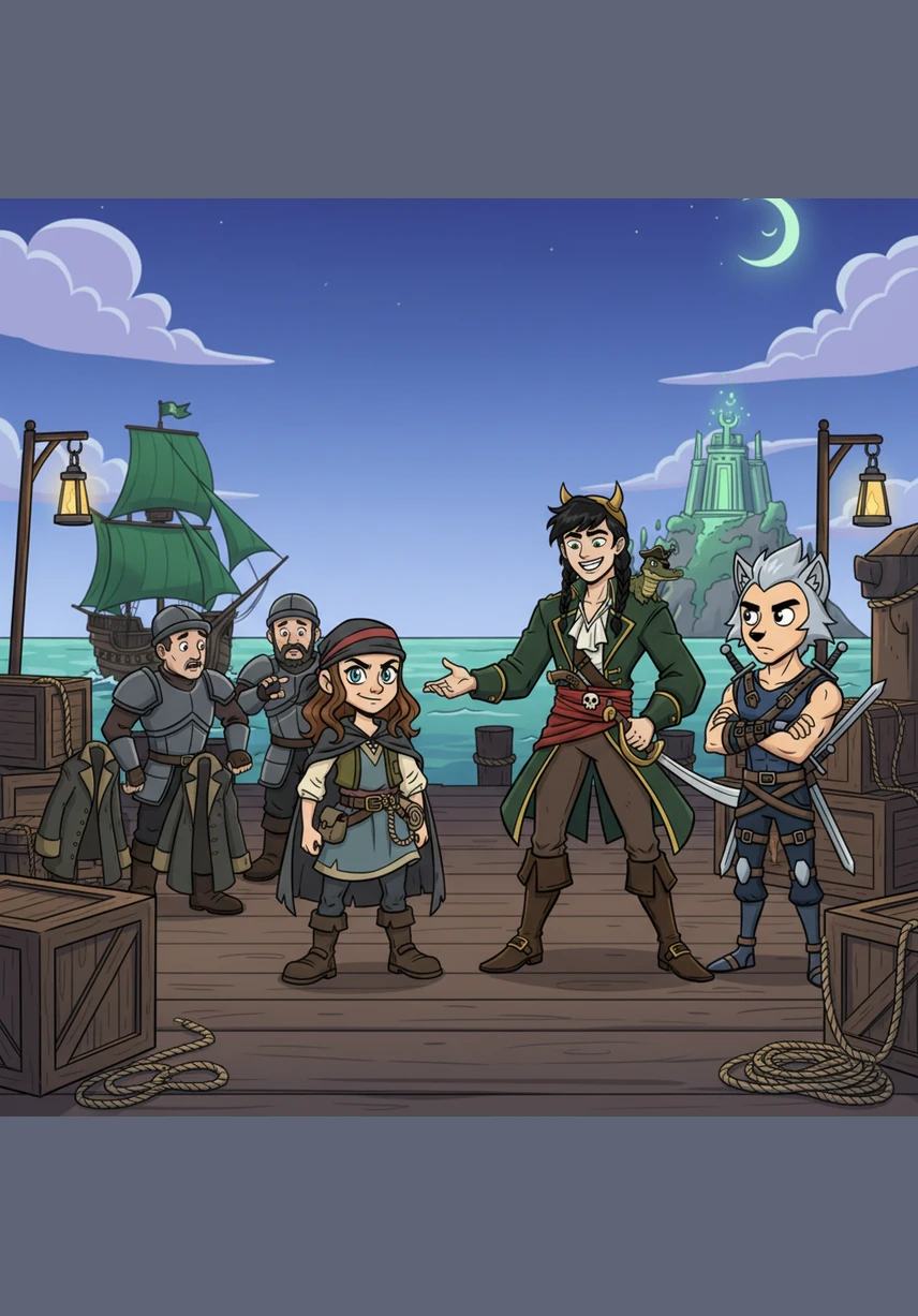 Annie, a clever and deceptive sea wanderer, joins the group after demonstrating her incredible talent for disguises and trickery on the bustling docks. Her ability to slip through shadows and outsmart guards makes her an invaluable asset for the dangerous journey ahead.