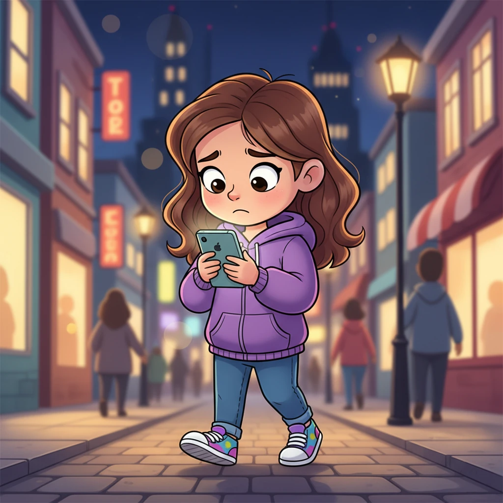 Under the soft glow of streetlights, Lily walked along a bustling city street, her eyes glued to her phone screen. She tapped it again, a tiny frown creasing her brow, as if willing a message to appear. The vibrant cityscape blurred around her, but all her focus was on the silent device in her hands.