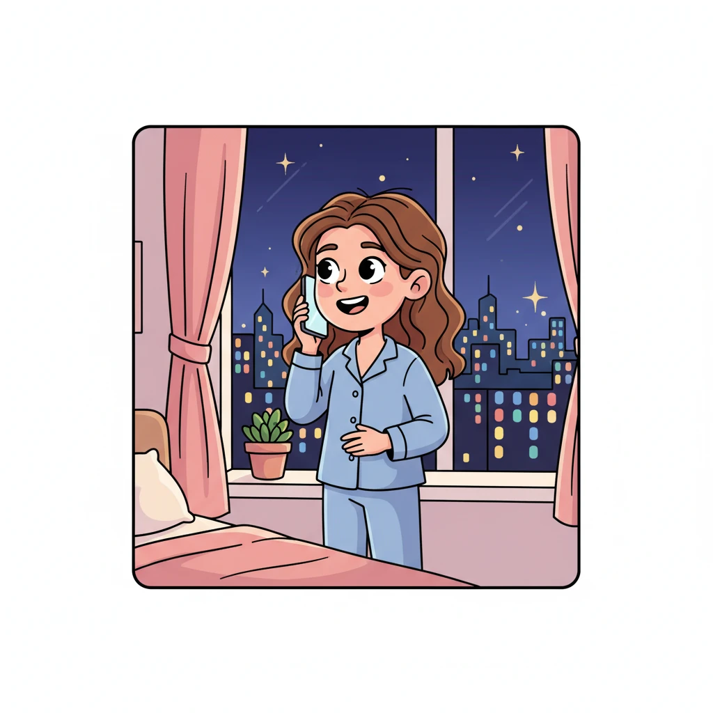 Lily stood by her window, the city lights twinkling in the distance, a warm and contented smile gracing her face as she spoke softly into her phone. The conversation flowed easily, filling the quiet night with a sense of connection and happiness. Everything felt perfectly right in that moment.