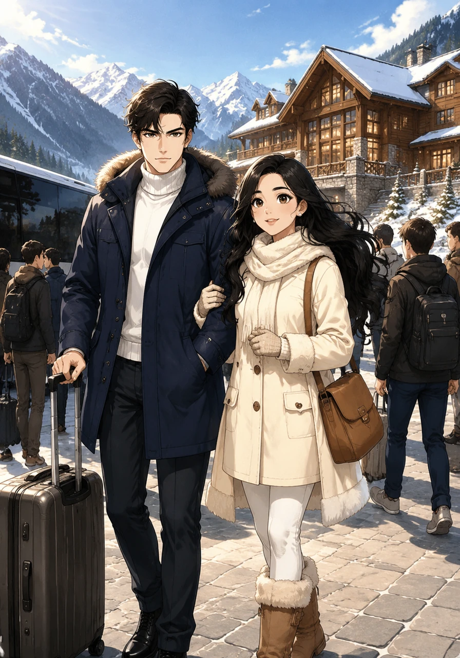 The elite group sets off for a school-authorized camping trip, traveling to a luxurious mountain retreat that feels like a world away from the city. Rimi looks ethereally beautiful in her winter attire, her long hair catching the light as Kaushik maintains a constant, protective presence by her side.