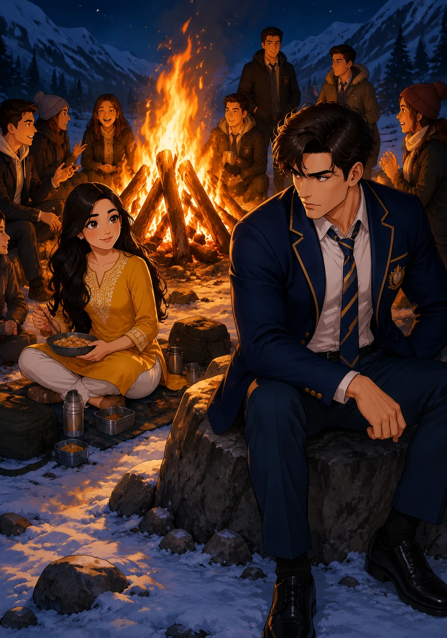 As evening falls, the students gather around a massive bonfire, its orange glow reflecting off the surrounding snow and ice. While the others share stories and lunch, Kaushik sits in silence, his muscular frame tense as he monitors every person who dares to approach his Rimi.
