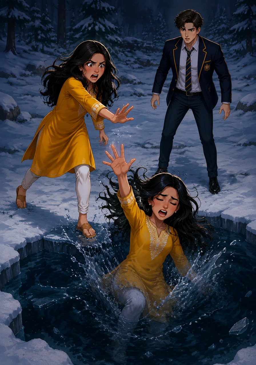 In a sudden fit of rage, the jealous girl shoves Rimi backward into a deep, hidden ice pool at the edge of the clearing. The freezing, dark water swallows Rimi instantly, her fragile frame disappearing beneath the surface as the girl watches in horrified silence.