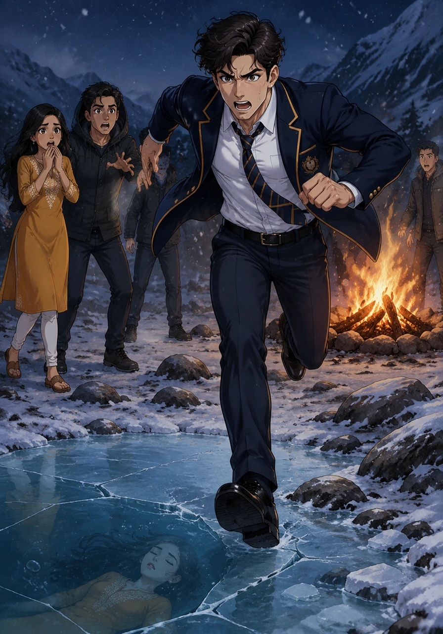 The news of the accident reaches the bonfire, and Kaushik reacts with frantic, raw energy, sprinting toward the ice pool with a look of devastating fear. His heart pounds against his chest as he realizes his 'pori' is trapped beneath the thick, frozen crust of the mountain water.