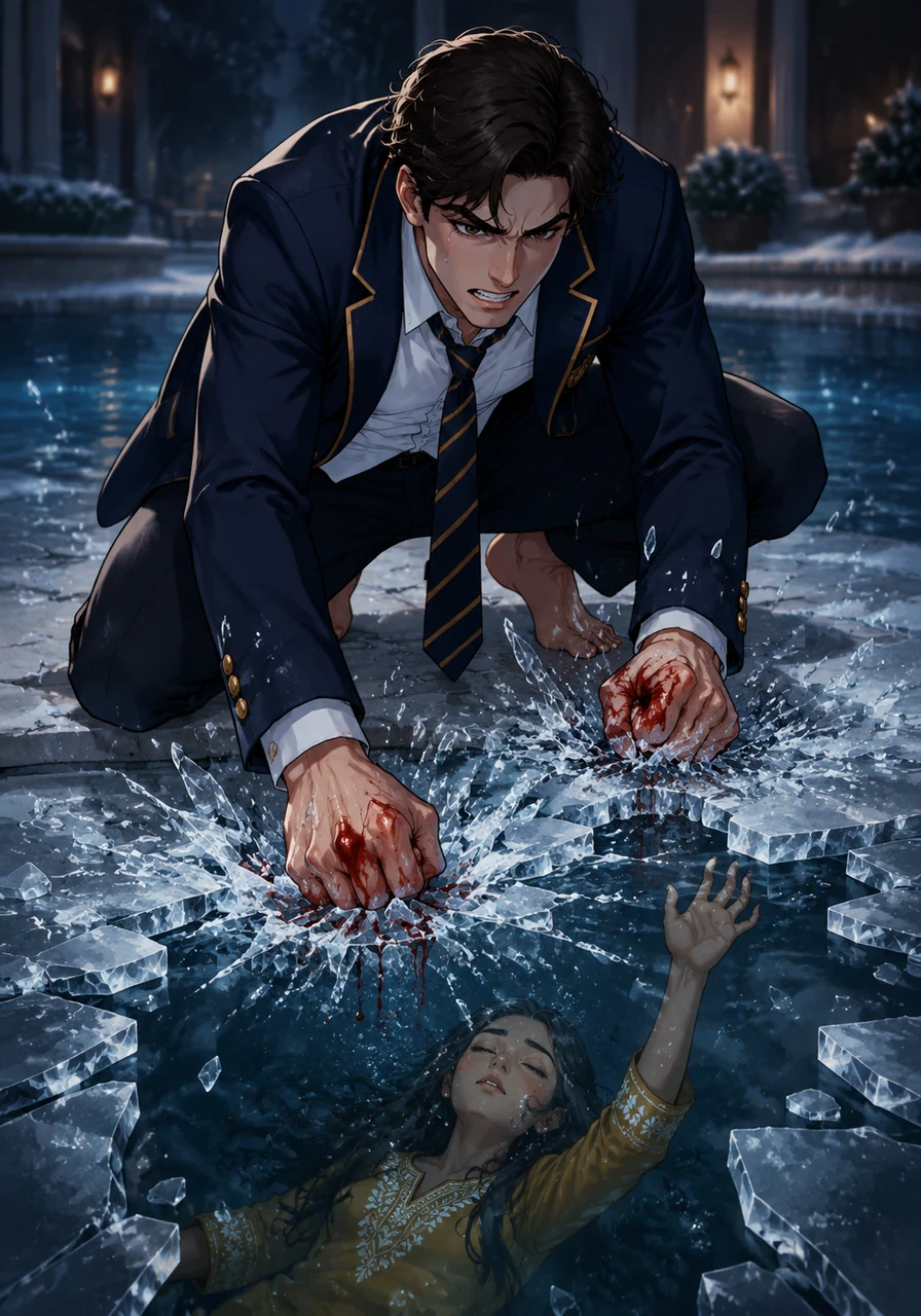 Reaching the edge of the pool, Kaushik does not hesitate, slamming his bare fists into the jagged ice with terrifying force. He punches through the frozen layer repeatedly, ignoring the blood dripping from his knuckles and the biting cold, driven only by the need to save the girl he loves.