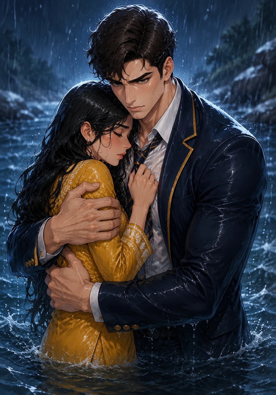 With a final, powerful surge of strength, Kaushik plunges his arms into the frigid depths and pulls Rimi upward into his embrace. He holds her shivering, soaked body against his muscular chest, his eyes burning with an intense, dark devotion that signals he will never let her go.