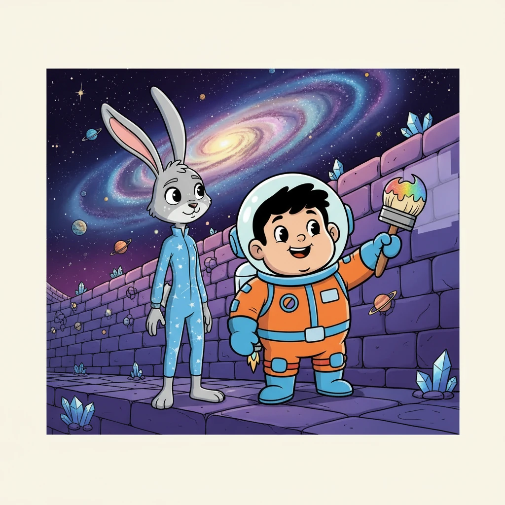 "Irenia, creiamo qualcosa di spettacolare! Qualcosa che nessuno ha mai visto prima!" esclamò Ciccio, con gli occhi che brillavano di eccitazione. Irenia, incuriosita, drizzò le sue lunghe orecchie. L'idea di Ciccio era di dipingere un murale sulla Grande Muraglia Cosmica, un capolavoro che avrebbe catturato tutto ciò che amavano.