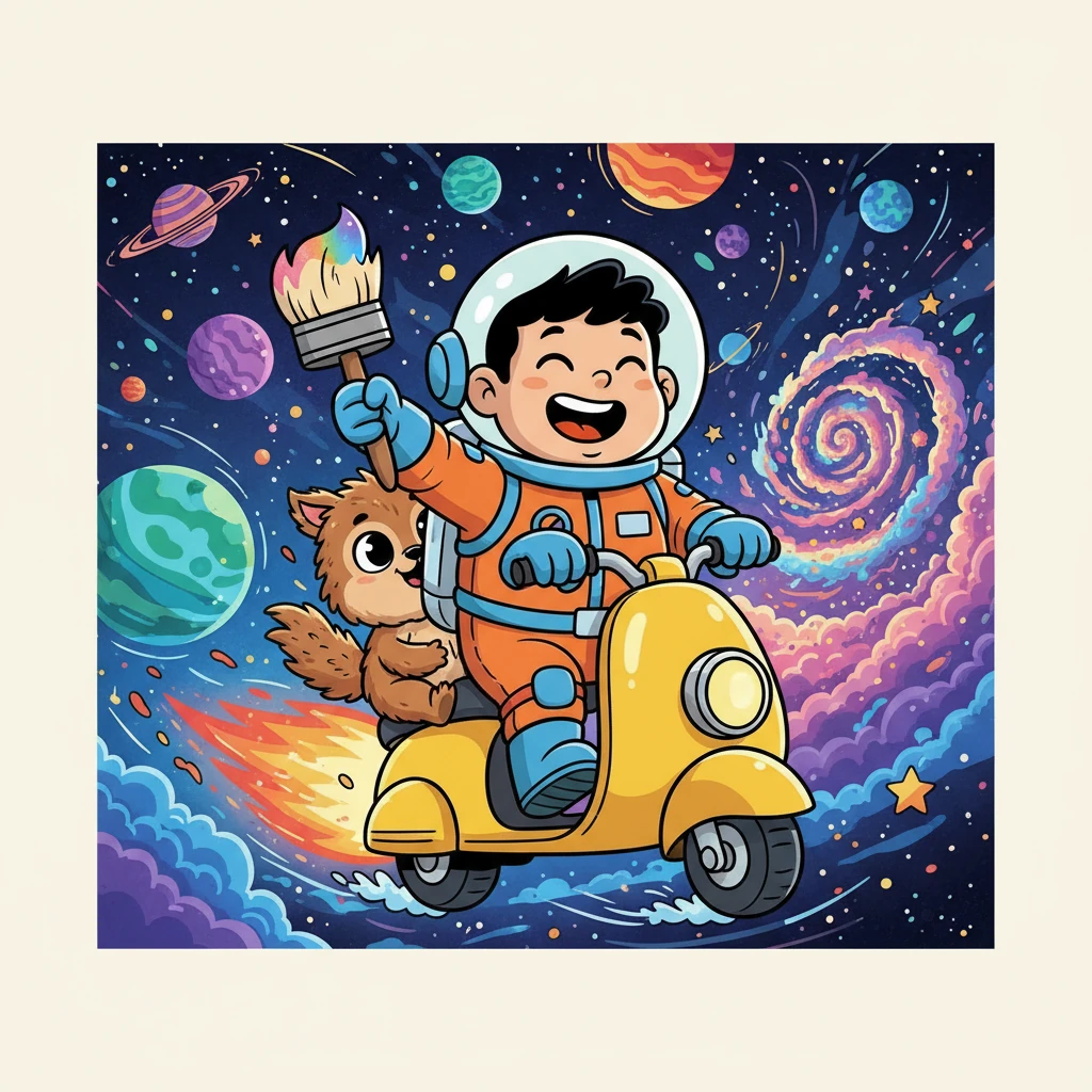 Per raggiungere la Grande Muraglia Cosmica, Ciccio tirò fuori il suo fidato Pennello Cosmico e il suo Scooter Cometa. Salirono a bordo, il vento che sferzava la loro pelliccia mentre sfrecciavano tra pianeti vorticosi e stelle scintillanti. Ridevano e gridavano, le loro voci echeggiavano nella vastità dello spazio.