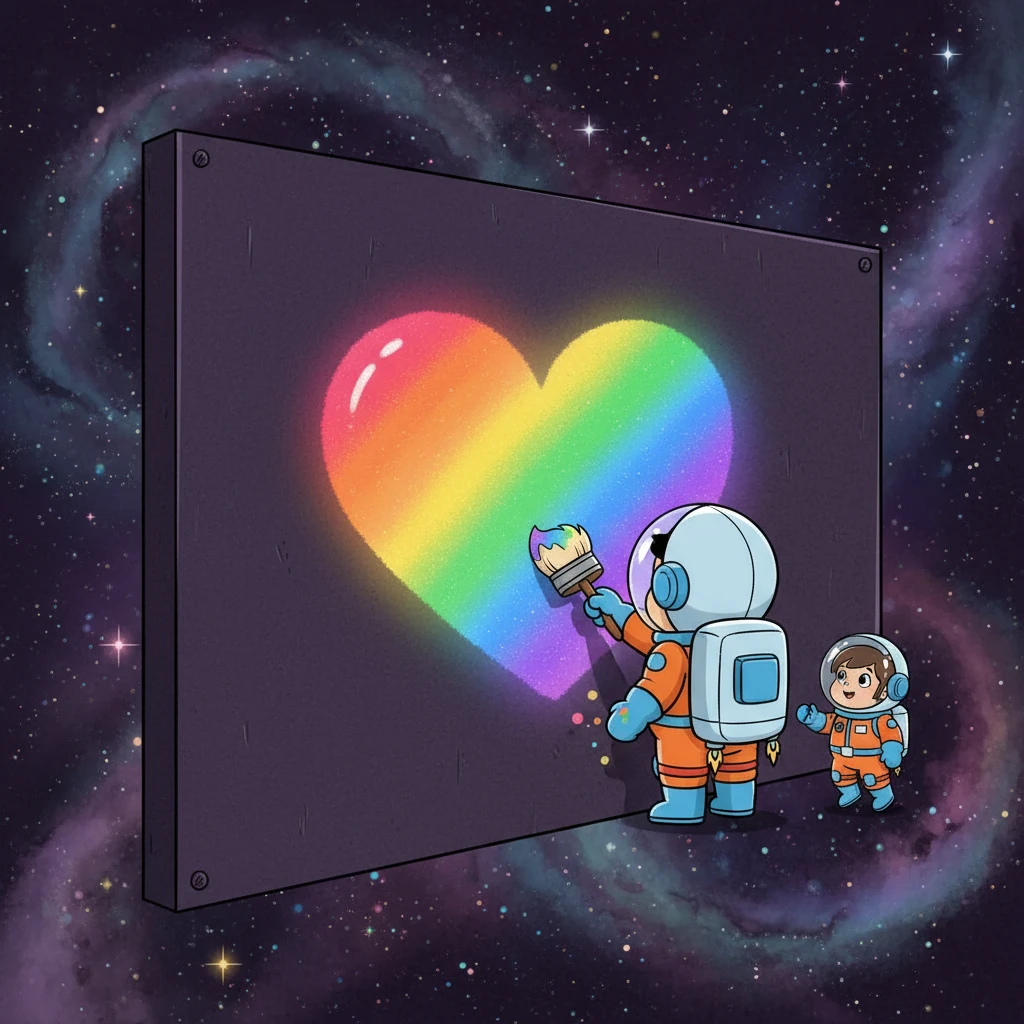 Finalmente, arrivarono alla Grande Muraglia Cosmica, una tela gigante che si estendeva attraverso il cosmo. "Da dove cominciamo?" chiese Irenia, guardando l'immensa distesa vuota. Ciccio, dopo aver riflettuto, decise di iniziare con un cuore gigante, simbolo del loro amore e della loro amicizia.