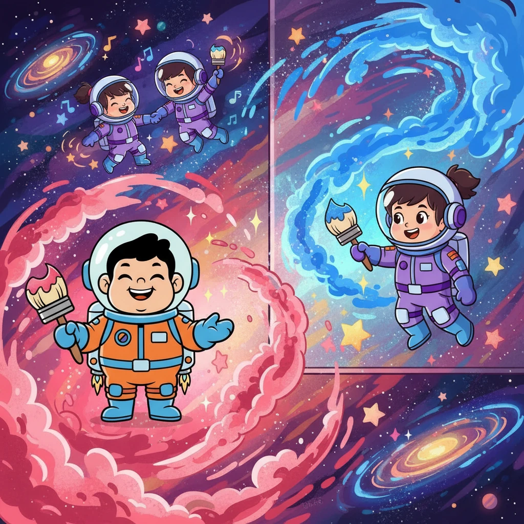 Mentre dipingevano, Ciccio intinse il pennello in una nebulosa rosa e rossa, mentre Irenia aggiungeva pennellate di blu e viola. Ridacchiavano mentre creavano stelle scintillanti e ricordavano i loro momenti preferiti. Il murale iniziò a raccontare la storia della loro amicizia, catturando la gioia di giocare e ballare insieme.