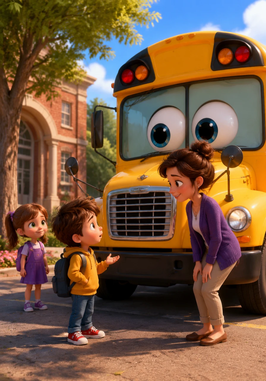 A young boy looks up at the yellow school bus with wide eyes, asking Miss Bonnie if it is truly magic. The bus sits quietly in the schoolyard, its large googly eyes staring back with a mysterious, silent wisdom.