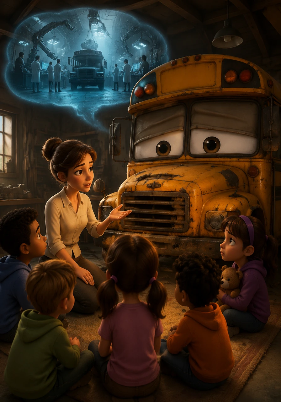 In a quiet moment, Miss Bonnie tells the children about the people who built the bus to be a weapon. The bus remains perfectly still, secretly remembering the cold laboratories and the people who never understood that he needed a friend, not a commander.
