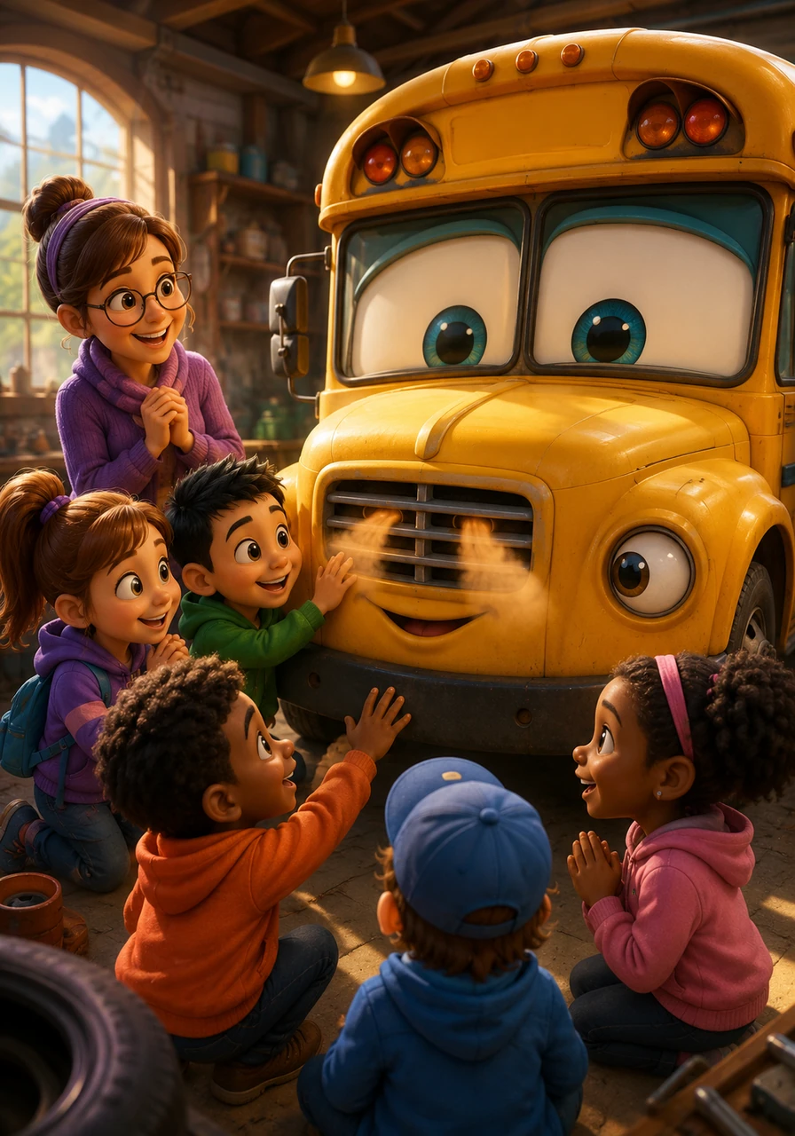 The children gather around to give their bus a special name, finally settling on N-Bus for Nifty and Nice. In response, the bus sends a puff of warm air through the vents, a cozy mechanical version of a grateful smile.