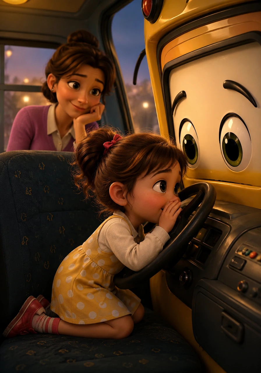 Little Lizzie leans close to the steering wheel and whispers the word Boss so only the bus can hear. She promises that their secret is safe and that they will always protect his true identity from the rest of the world.