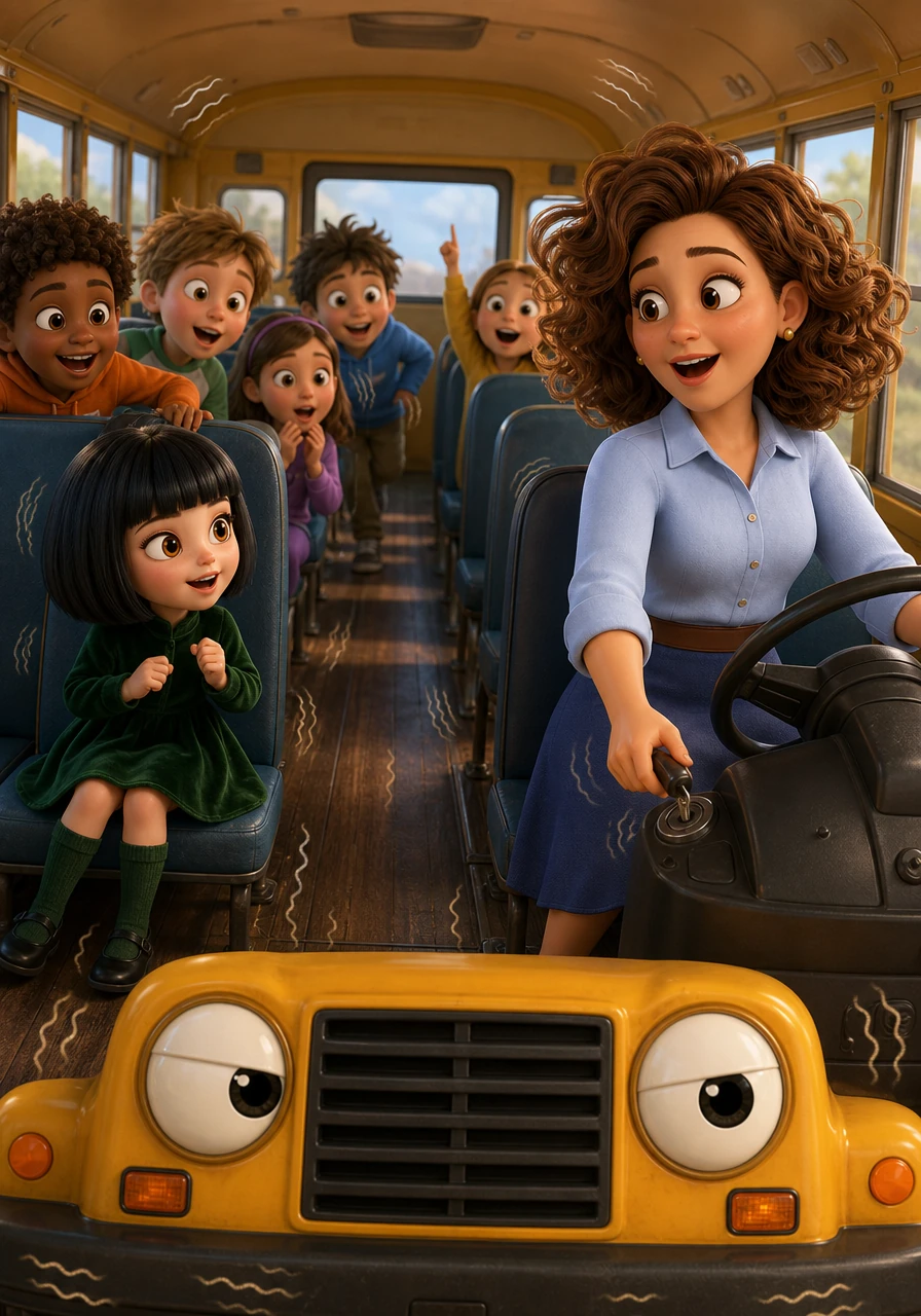 Miss Bonnie turns the key, and instead of a roar, the bus gives a deep, powerful hum that vibrates through the floorboards. The kids scramble into their seats with excitement, wondering if this journey will take them to the stars or a spooky haunted mansion.