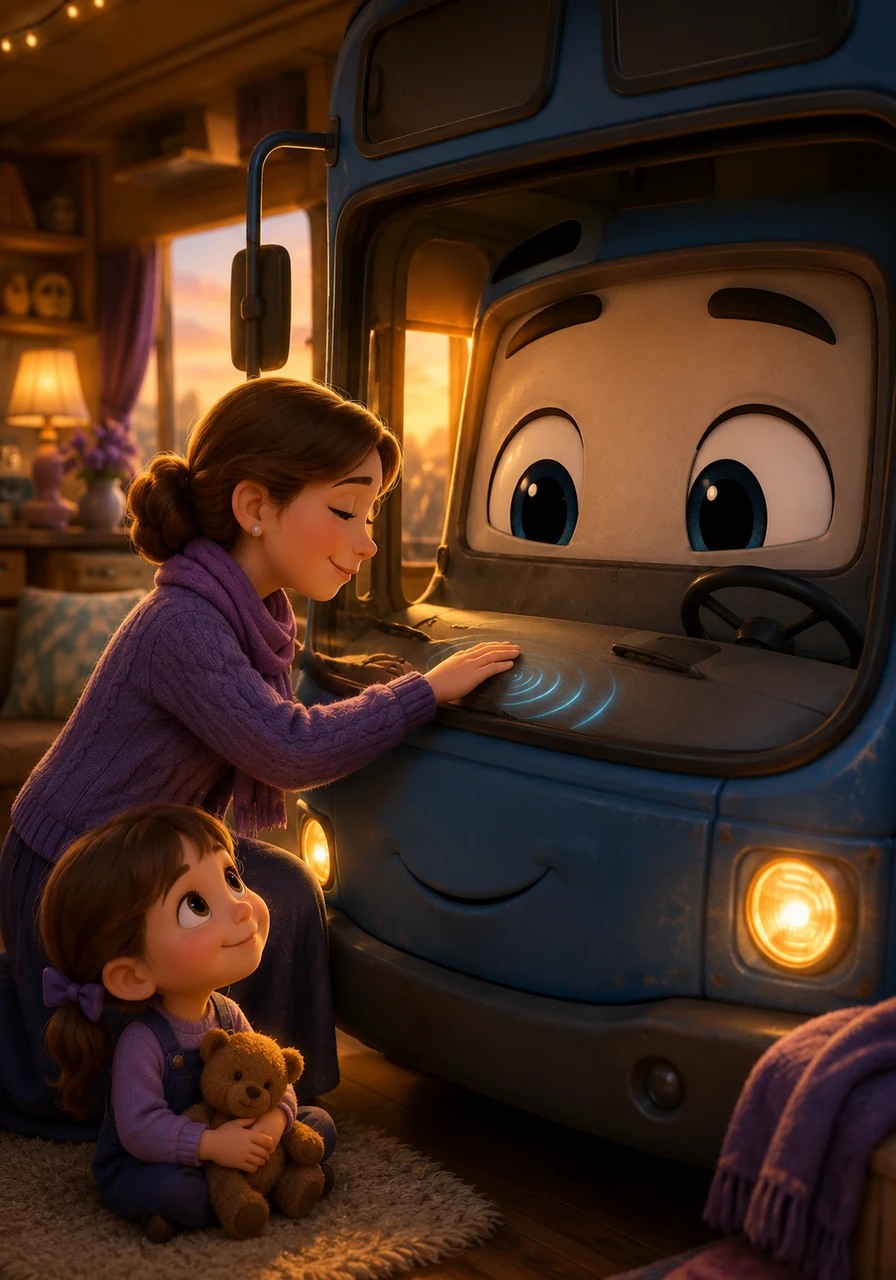 Miss Bonnie gently pats the dashboard, whispering a promise that N-Bus is finally home and safe from harm. The bus responds with a soft, rhythmic vibration, a secret language that says he will protect his new family forever.