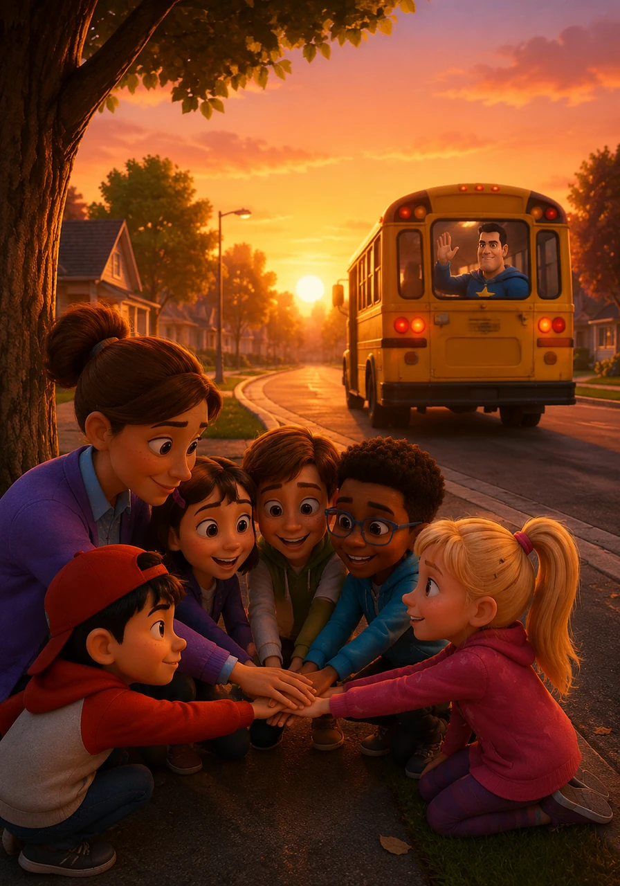 The children huddle together to recite the rules of the Bus Crew, vowing to keep their undercover mission a total secret. As the sun sets, the yellow bus drives away, carrying a legendary hero who is perfectly happy just being their friend.