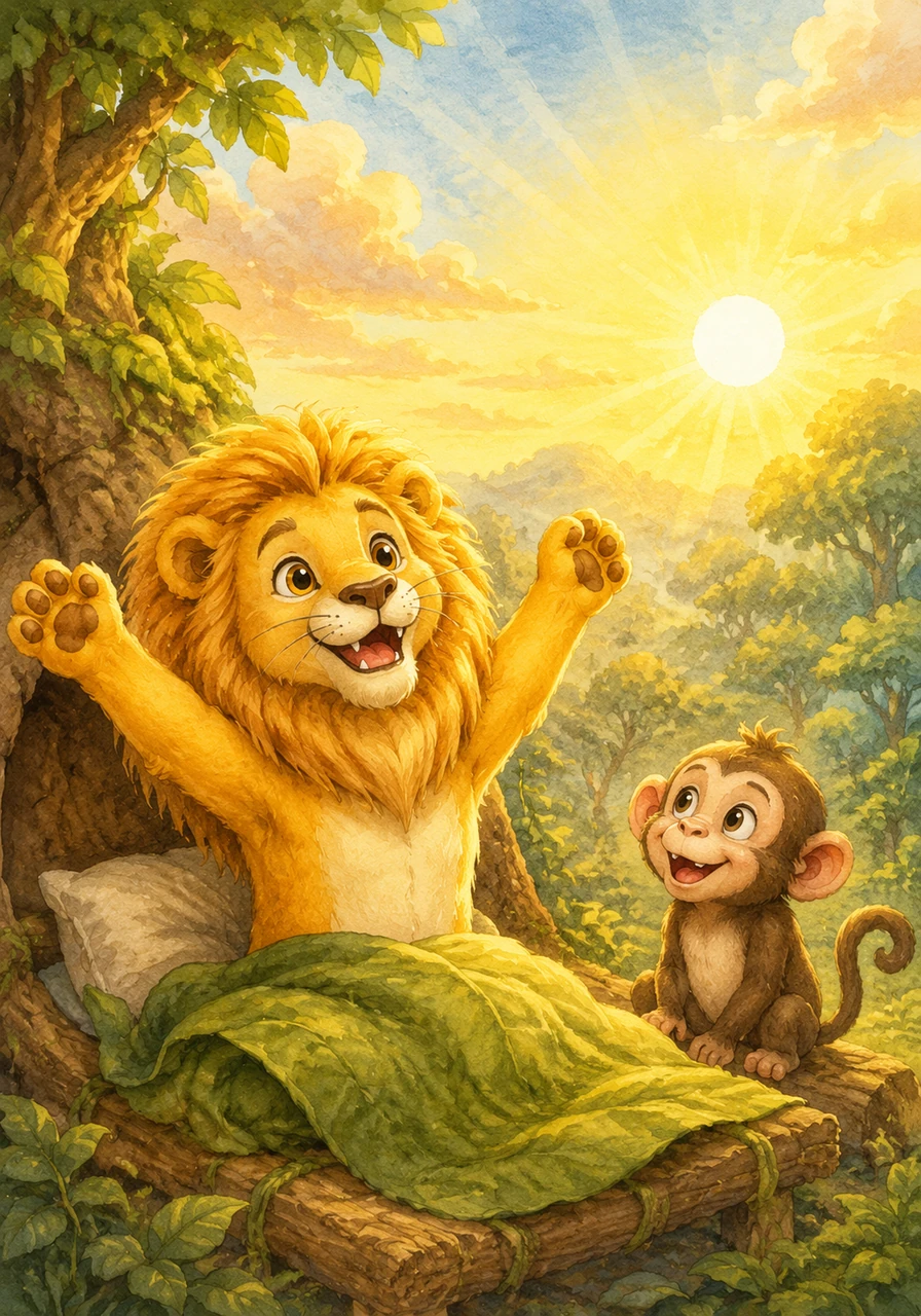 Leo the Lion wakes up early and stretches his golden paws toward the bright morning sun. He smiles because he knows today will be filled with many exciting activities in the forest.