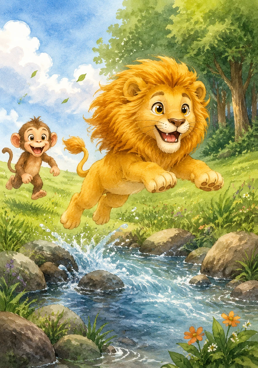 He runs across the emerald green meadow, feeling the cool wind in his thick mane. Leo jumps over a small, bubbling brook with a big, happy leap as he heads toward the woods.