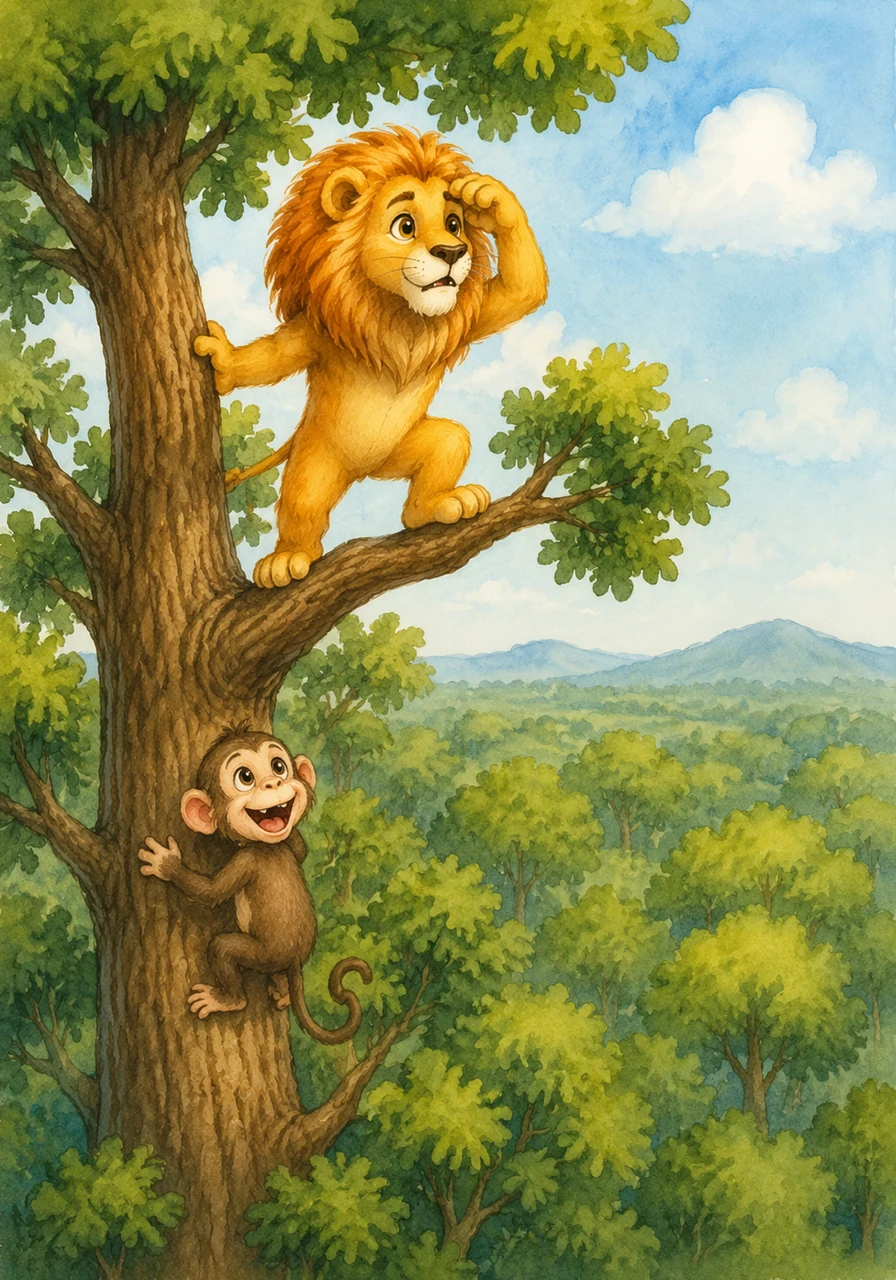To see the whole forest, Leo climbs the tallest oak tree he can find. He looks around carefully, searching for his favorite colorful kite that flew away yesterday.