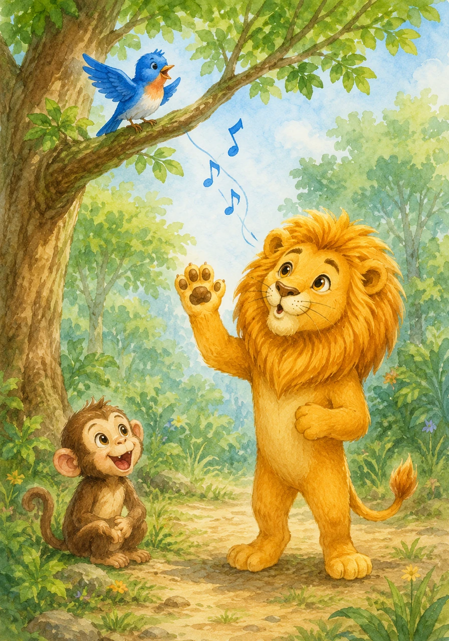 High in the branches, a small bluebird chirps a cheerful song to greet him. Leo waves his paw and whistles back a happy tune to show he is a friendly neighbor.