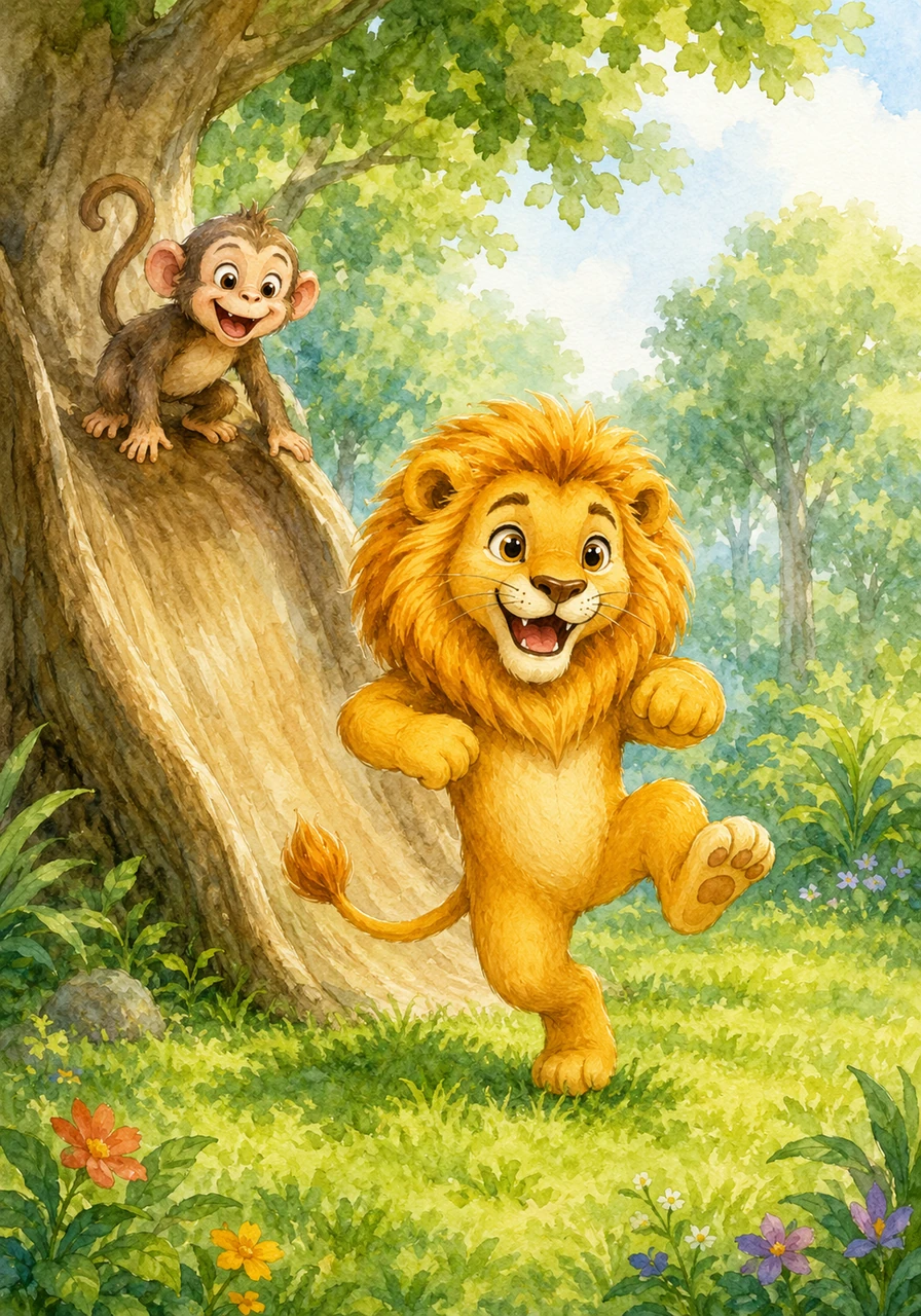 Leo slides down the smooth tree trunk and lands softly on the lush grass below. He dances a little jig because he is so happy to be outside exploring the world.