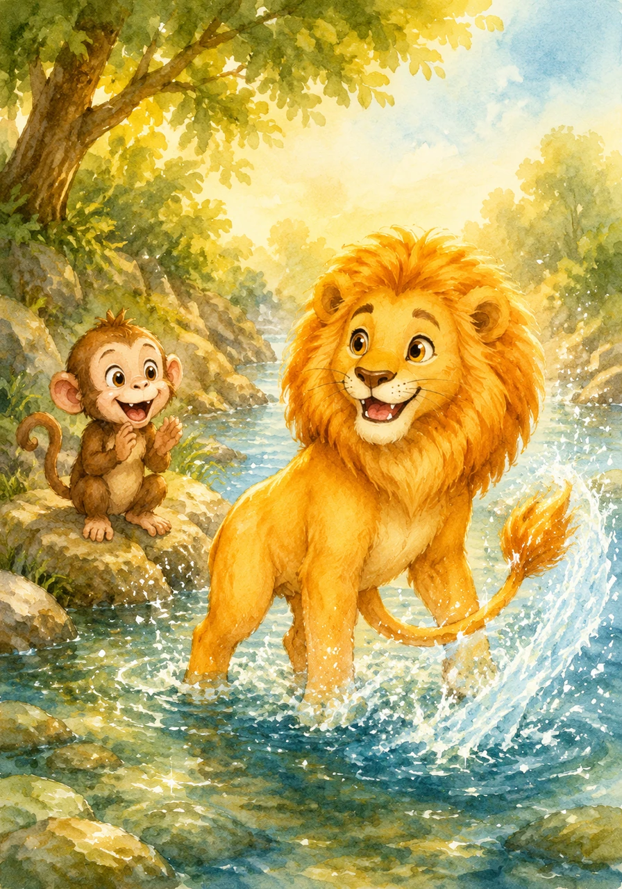 He finds a sparkling river and splashes the cool water with his tail to stay refreshed. The water droplets shimmer like tiny diamonds in the warm afternoon light.