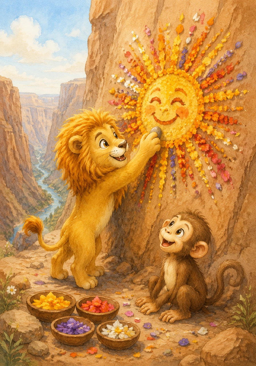 Leo picks up a smooth stone and paints a picture of the sun using colorful crushed flower petals. He creates a beautiful masterpiece on the side of a large canyon wall.