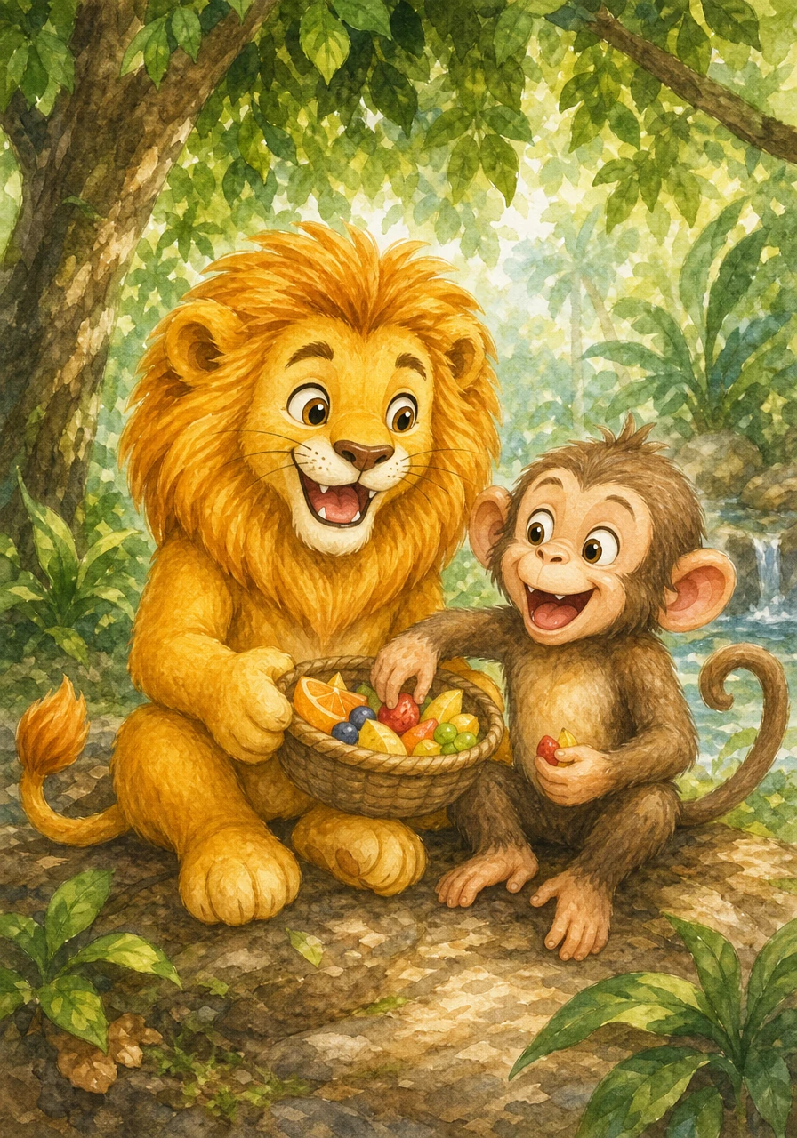 He shares his delicious fruit snacks with his best friend, Mia the Monkey, under a shady canopy. They laugh together as they tell funny stories about their morning adventures.