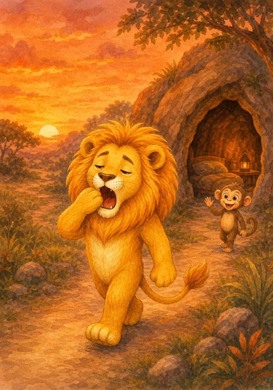 As the sky turns a deep shade of orange, Leo walks slowly back to his cozy den. He yawns widely, feeling his eyes grow heavy after a very busy and active day.