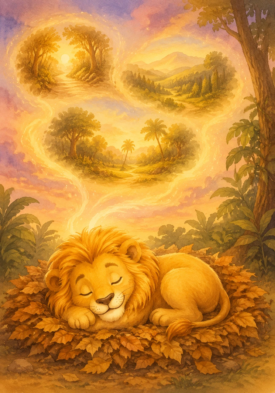 Leo snuggles into his soft bed of dried leaves and closes his eyes for the night. He dreams of all the wonderful things he will do and the new places he will explore tomorrow.