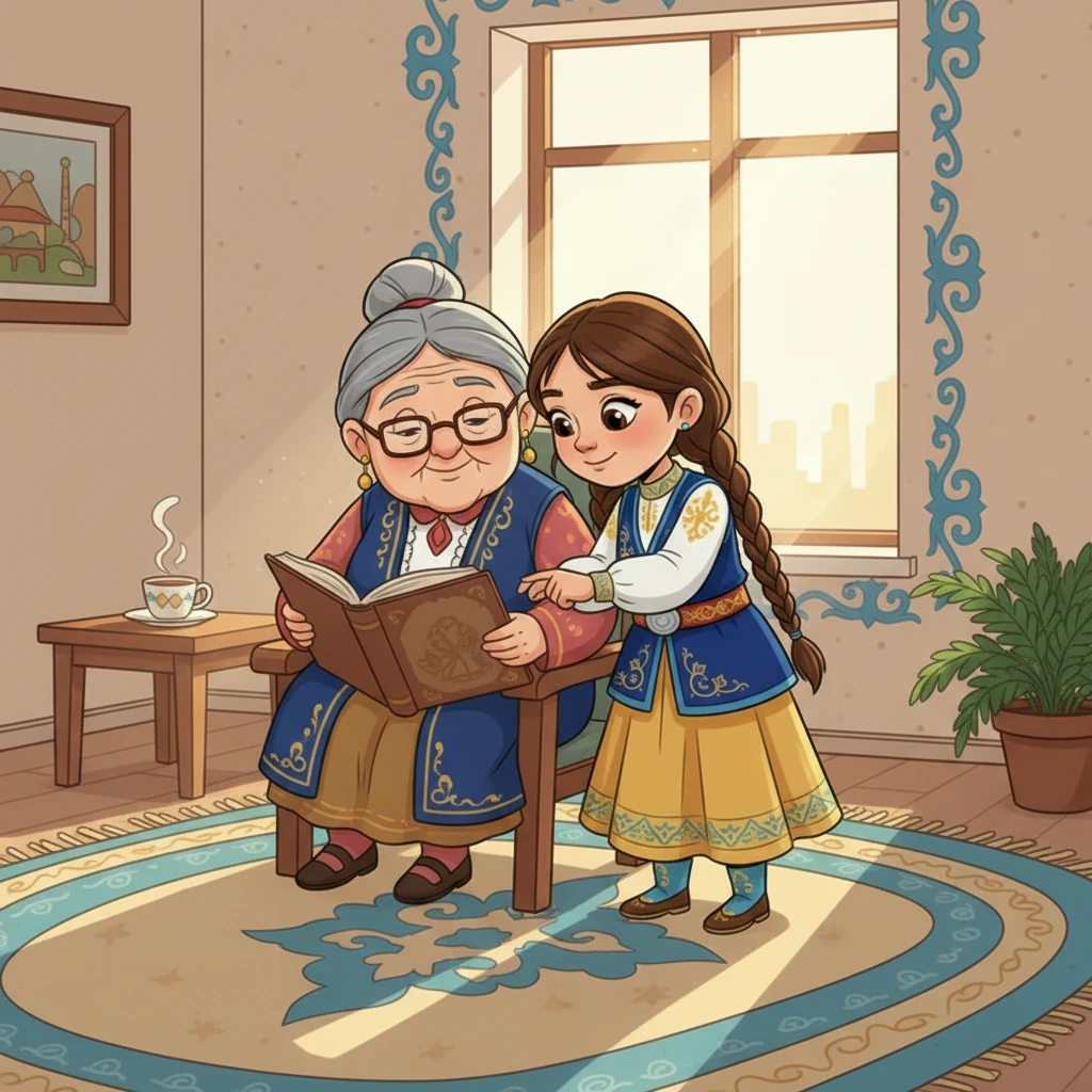 Бабушка, с доброй улыбкой, показала Айжан старую книгу с картинками. Она рассказывала о далеких временах и о том, как Казахстан стал свободной и независимой страной. Айжан внимательно слушала, представляя себе героев и события.