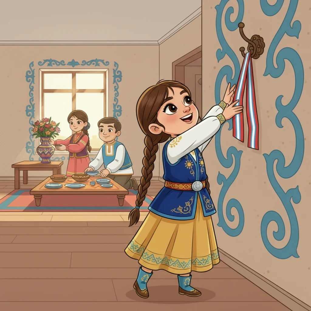 Вместе с мамой и папой Айжан украшала дом. Они развешивали яркие ленты цветов флага, расставляли красивые вазы с цветами и готовили праздничный дастархан. Каждый член семьи вносил свою частичку тепла и уюта.