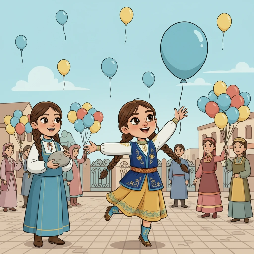 Семья отправилась на центральную площадь города, которая уже гудела от праздничной суеты. Воздушные шары цвета неба и солнца взмывали ввысь, а люди в нарядных одеждах улыбались друг другу. Айжан чувствовала себя частью большого и счастливого праздника.