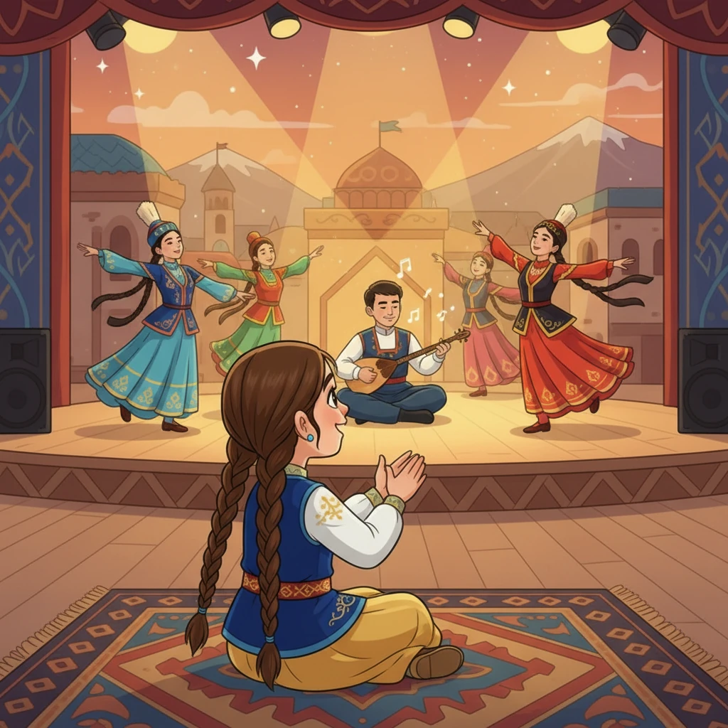 На большой сцене выступали танцоры в ярких национальных костюмах, их движения были легки и грациозны. Музыканты играли на домбре, и ее мелодичные звуки разносились по всей площади. Айжан зачарованно смотрела на представление.