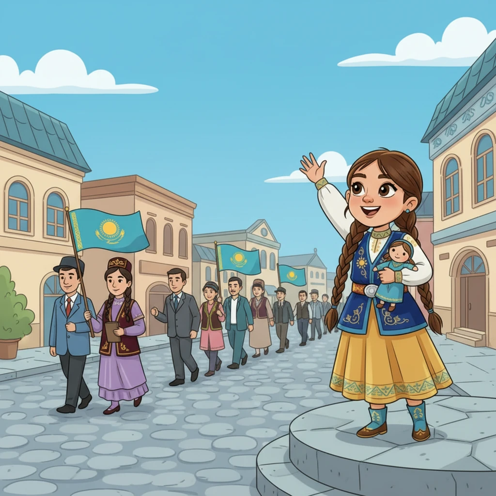 По главной улице прошел праздничный парад, в котором участвовали люди разных профессий и национальностей. Все они несли флаги и символы Казахстана, показывая единство и дружбу. Айжан махала им рукой, чувствуя гордость.