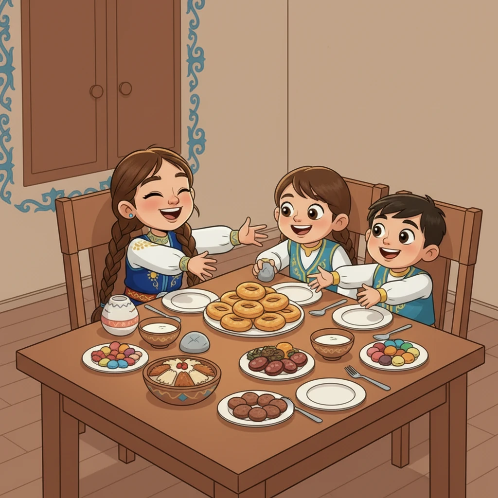 После парада семья Айжан собралась за большим столом, уставленным традиционными казахскими блюдами. Бешбармак, баурсаки и кумыс – все было невероятно вкусно. Они смеялись и делились впечатлениями от праздника.