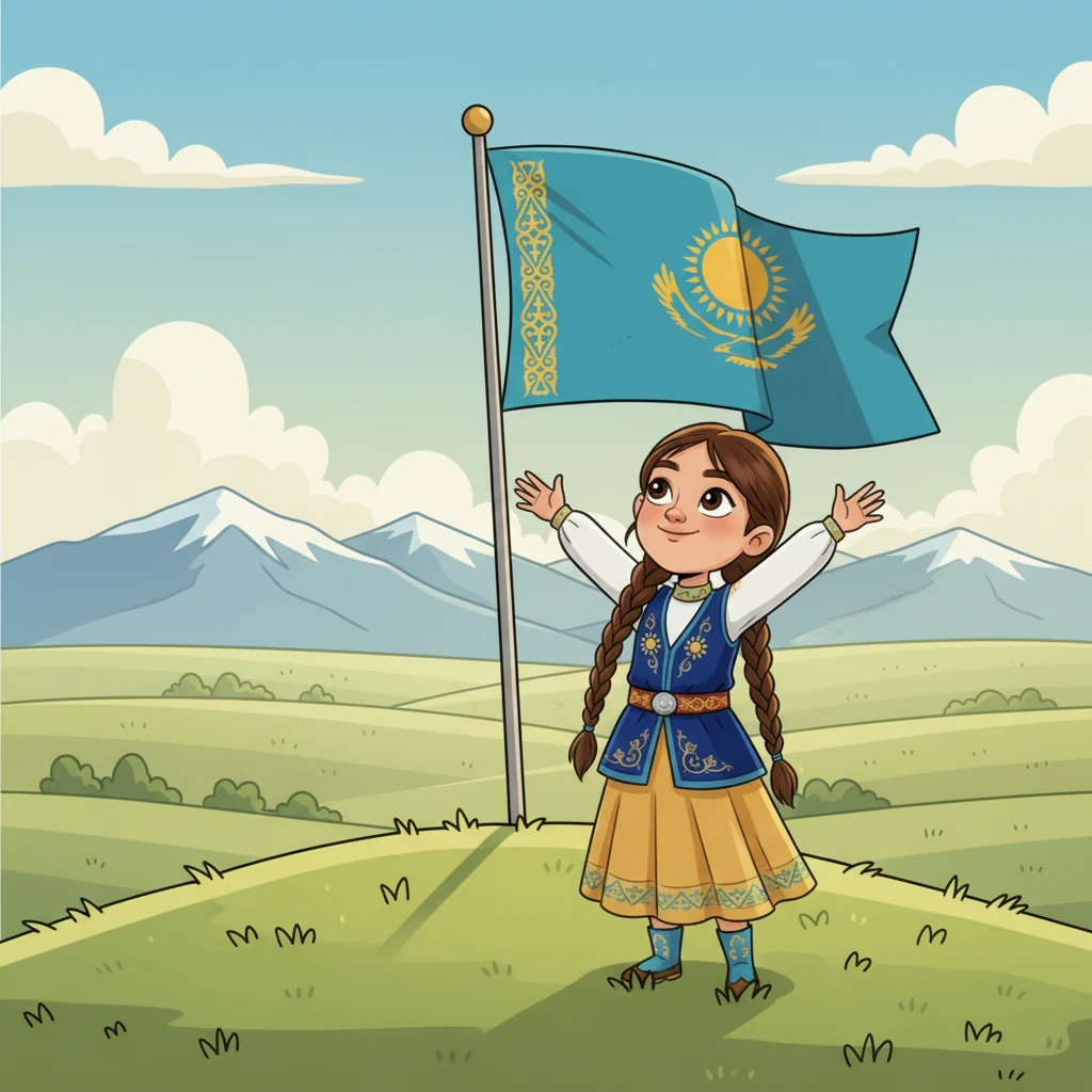 Айжан посмотрела на величественные горы и бескрайние степи, над которыми гордо реял небесно-голубой флаг Казахстана. Она видела, как прекрасна ее Родина, и как много в ней простора и света. Сердце девочки наполнялось любовью к родному краю.