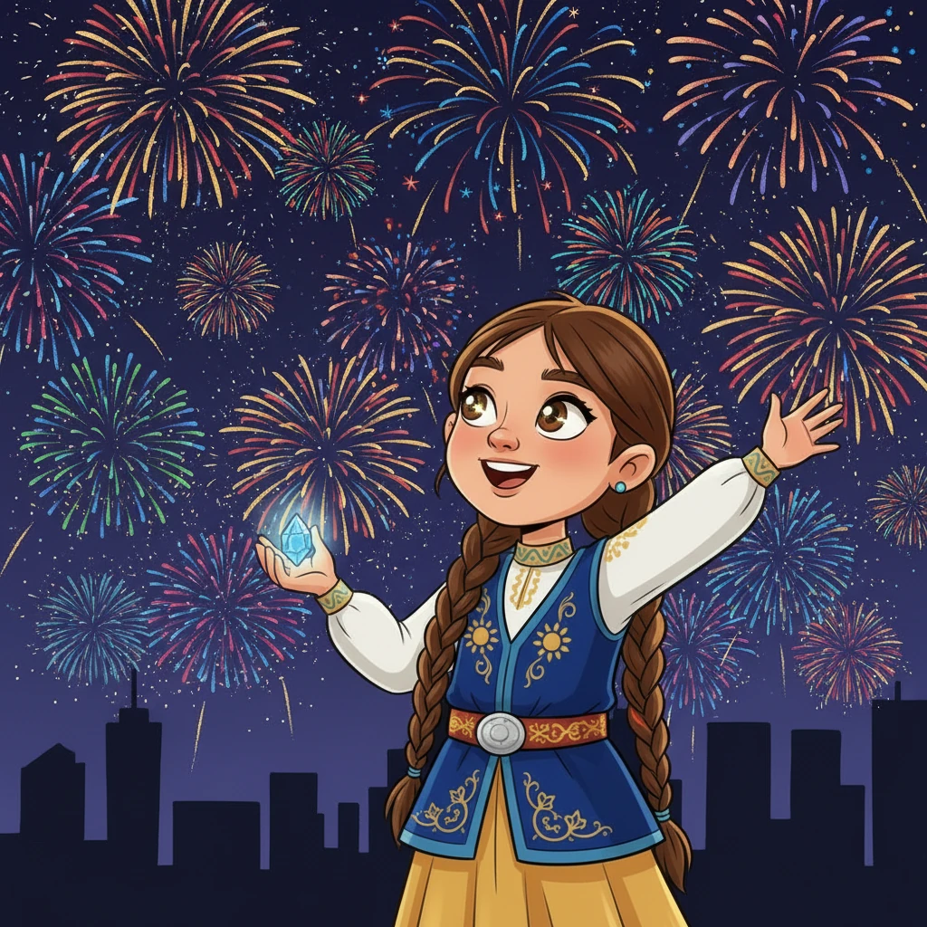 Вечером небо над городом озарилось тысячами огней праздничного салюта. Разноцветные искры рассыпались в темноте, отражаясь в глазах Айжан. Это было похоже на волшебную сказку, которая ожила прямо над ее головой.
