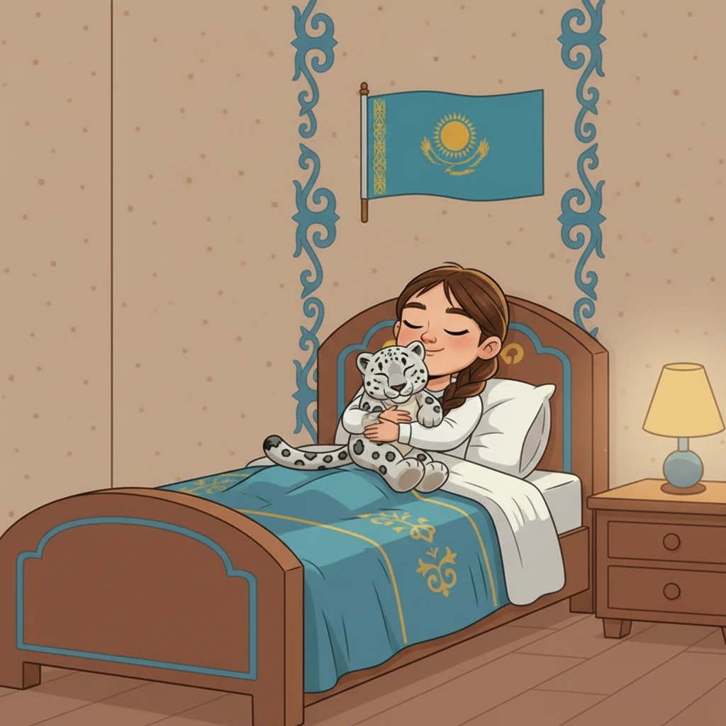 Вернувшись домой, Айжан легла в кровать, обняв своего плюшевого барса. Она думала о том, как много ее страна достигла, и как важно беречь мир и согласие. Засыпая, Айжан мечтала о светлом будущем для Казахстана.
