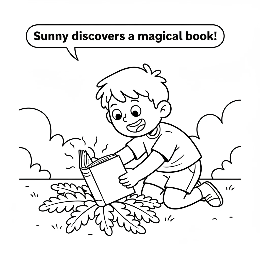 Sunny, a cheerful child with a curious smile, discovers a plain, uncolored book tucked under a big, leafy fern. The book cover seems to shimmer with a