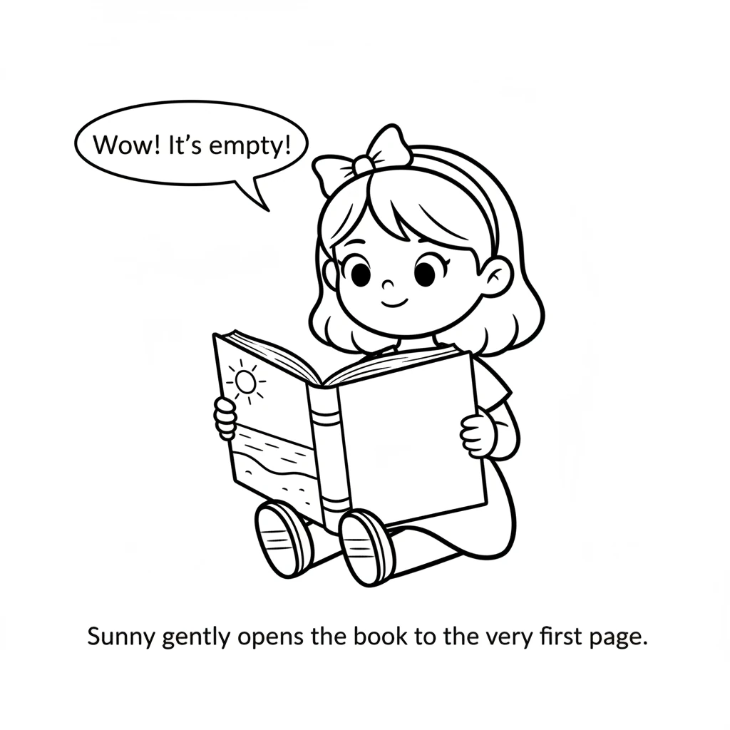 Sunny gently opens the book to the very first page. It shows a simple outline of a sunny beach, with a wide, blank ocean and empty stretches of sand,