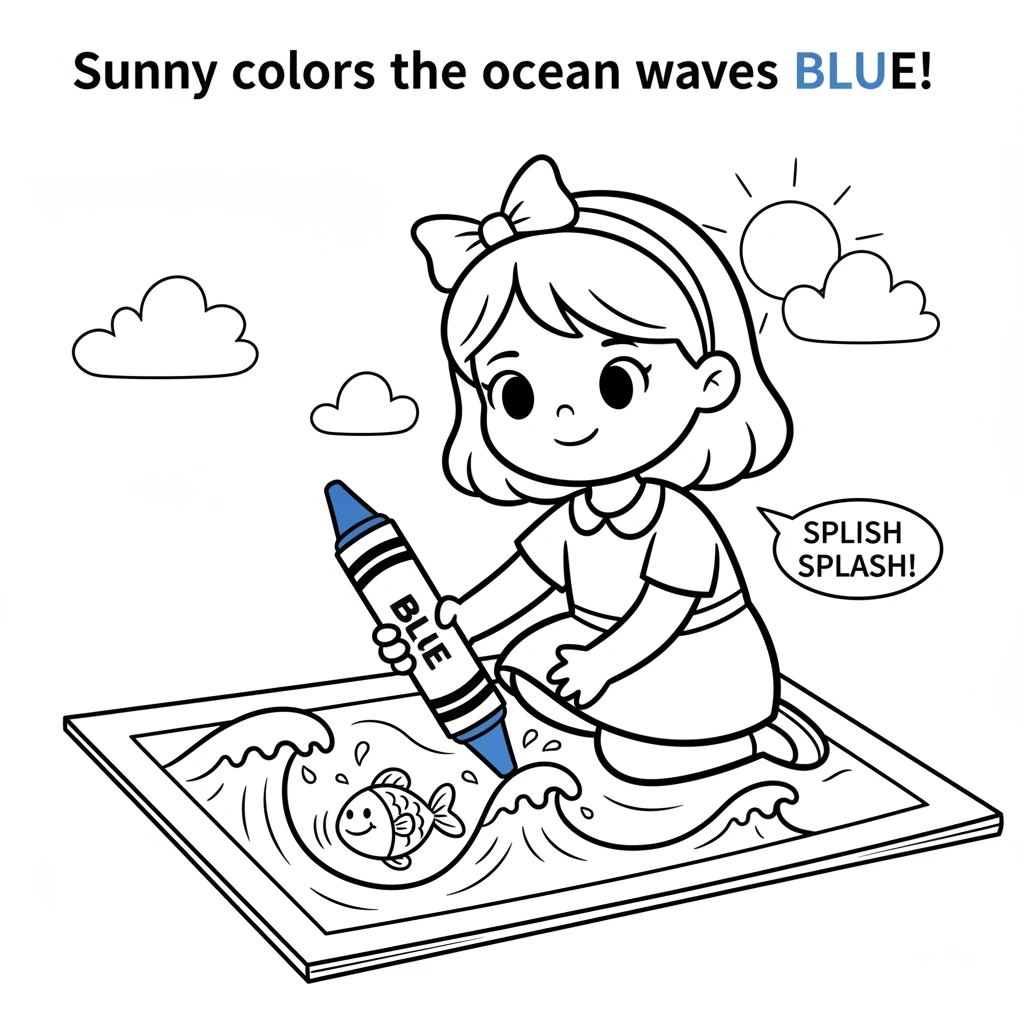 With a bright blue crayon, Sunny colors the ocean waves. As the blue fills the lines, a tiny, happy fish wiggles its tail and splashes playfully in th