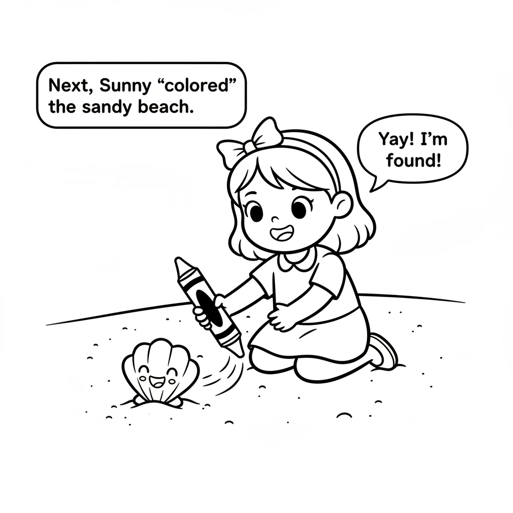 Next, Sunny adds warm yellow to the sandy beach. Suddenly, a smiling seashell pops up from the sand, looking happy to be noticed.