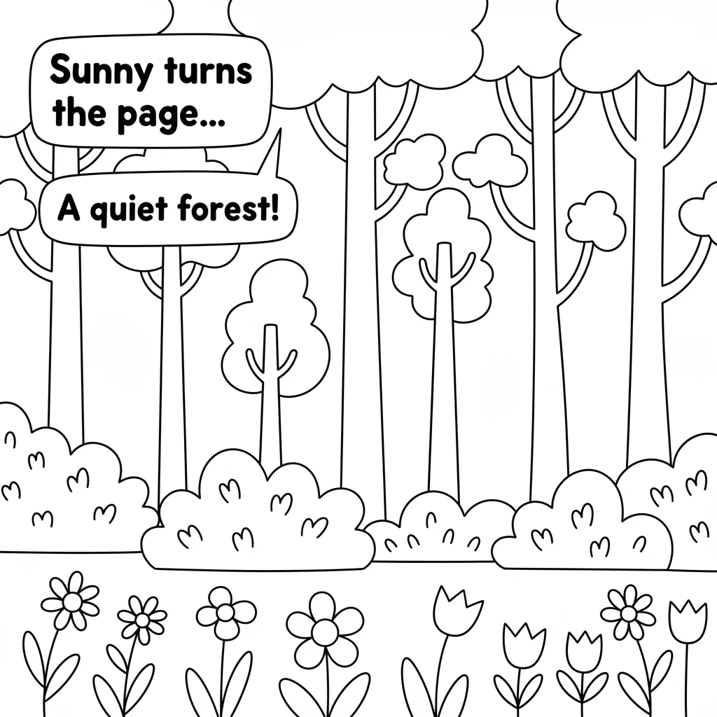 Sunny turns the page to reveal a new scene: a quiet forest. There are outlines of tall trees, leafy bushes, and simple flowers, all waiting to bloom w