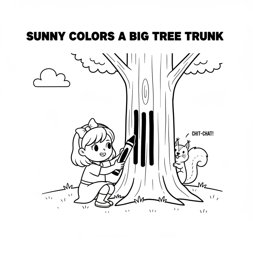 Using a rich green crayon, Sunny colors a big, sturdy tree trunk. A moment later, a little squirrel with a bushy tail peeks out from behind the tree,