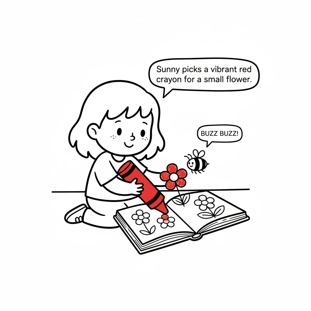Sunny picks a vibrant red crayon for a small flower. As the petals fill with color, a tiny, buzzing bee flies right onto the page to collect nectar fr