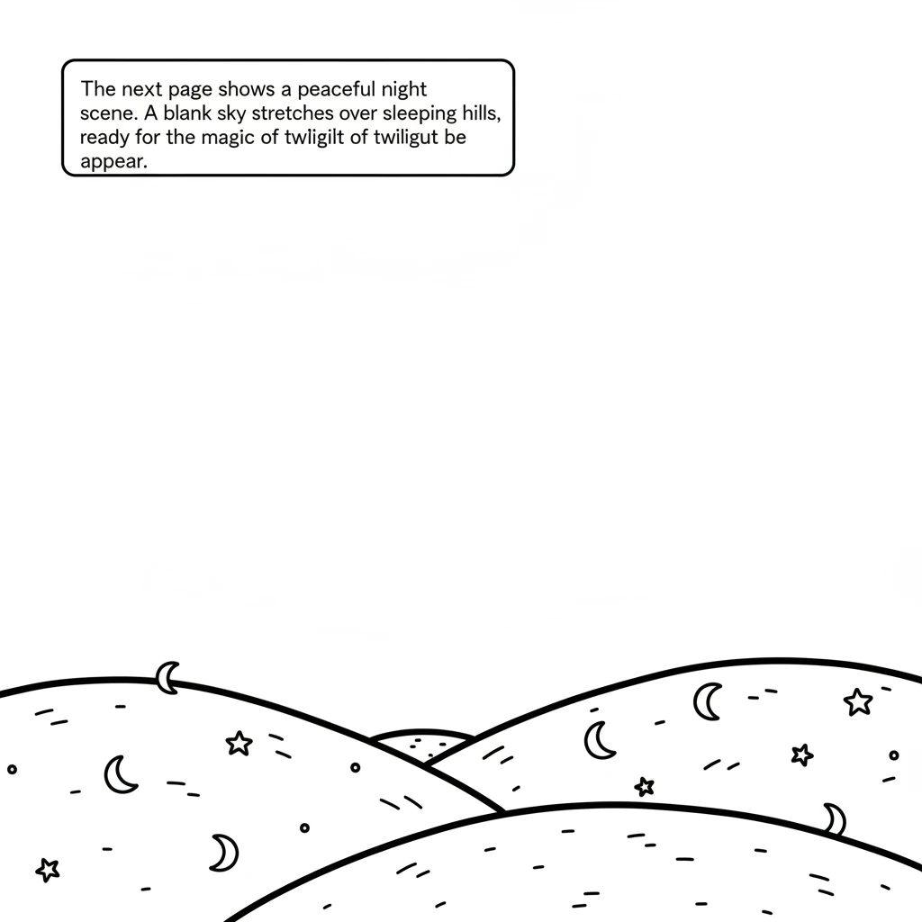 The next page shows a peaceful night scene. A blank sky stretches over sleeping hills, ready for the magic of twilight to appear.